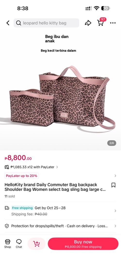Hello Kitty/ HK Pink Leopard Shoulder Bag (Category: Shoulder Bags) located in Mandaluyong City. Submitted by itspink_lacey (Listing ID 1469396241, Image 2). Description: Brandnew Hello Kitty Leopard Shoulder bag (medium size) Can be used as hand bag Sling is removeable Invisible magnetic snap closure Can fit 13inch laptop With free small zippered pouch (can be used a small sling bag too).