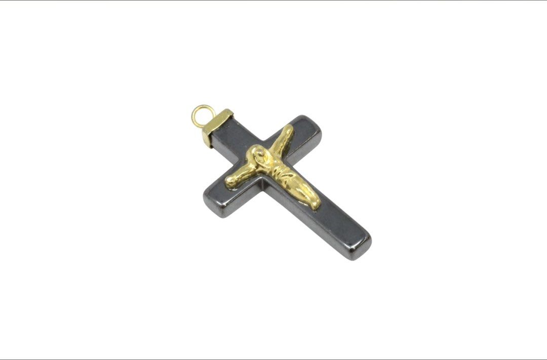Hematite and Gold Tone Crucifix Pendant (Category: Necklaces) located in Quezon City. Submitted by garagesale2026 (Listing ID 1469554577, Image 3). Description: - Material: Dark grey hematite with gold-tone corpus and top loop - Size: Roughly 5 cm in total height (including the bail).
