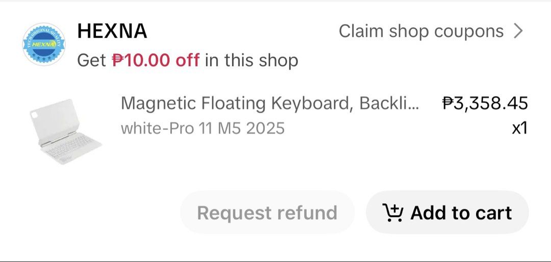 HEXNA Magnetic Floating Keyboard Backlit White Pro 11 M5 2025 (Category: Computer Keyboard) located in Paranaque City. Submitted by charshabao (Listing ID 1469493000, Image 1). Description: - Brand: HEXNA (bought directly from official shop) - Color: White - Compatibility: iPad Pro 11 M5 (2025 model) - Condition: Brand new, unopened, ordered by mistake - Features: Secure magnetic floating design and built-in backlighting for typing in the dark.