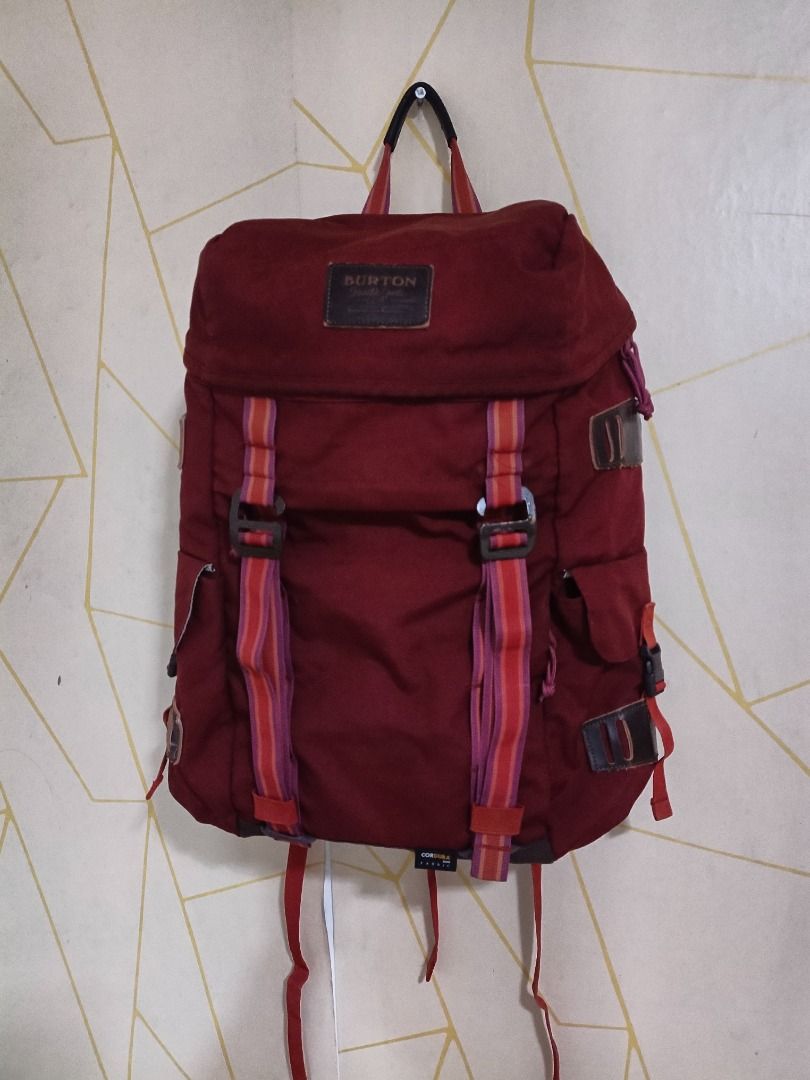 HIKING / TREKKING BACKPACKS (Category: Travel Essentials & Accessories) located in Caloocan City. Submitted by cre8tive1 (Listing ID 1469424815, Image 2). Description: BURTON ANNEX PACK A burgundy red annex backpack which resembles the 28L rucksack model Brand: Burton Capacity: 28 liters Material: Durable Cordura / polyester with weather-resistant backing Design: Rucksack-style flap top with dual-strap buckle closures, side pockets, and internal 