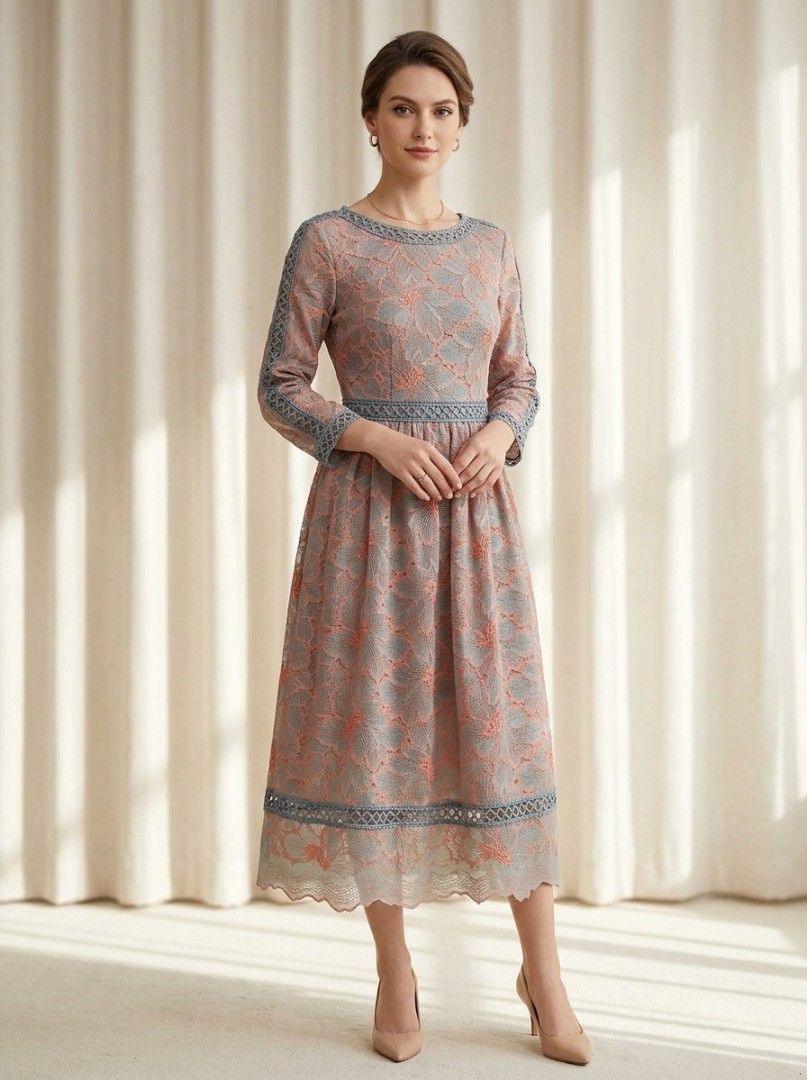Hitorat lace midi dress (Category: Dresses) located in Cabanatuan. Submitted by miss.maia (Listing ID 1462653066, Image 1). Description: The selected item is a Hitorat lace midi dress featuring a distinctive contrast design. Key Features Fabric & Pattern: Made of a multi-toned floral overlay lace featuring a soft peach/salmon pattern over a muted sage green or gray lining. Trim Details: Enhanced with geometric crochet open-weave lattice trimmings