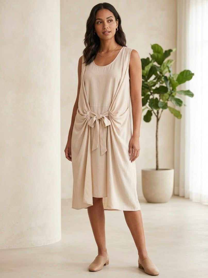 H&M light beige cold-shoulder draped dress / tunic (Category: Dresses) located in Cabanatuan. Submitted by miss.maia (Listing ID 1462527849, Image 1). Description: The highlighted item is an H&M light beige cold-shoulder draped dress / tunic, featuring a loose-fitting flowy silhouette, cinched side gathering details, and shoulder cut-outs..