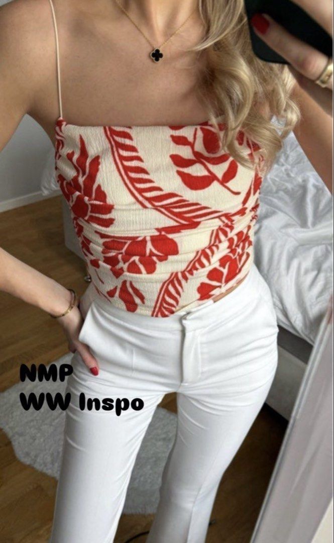 H&M Red and White Leaf Print Camisole Top (Category: Sleeveless) located in Davao. Submitted by ccfinds_ph (Listing ID 1469422569, Image 2). Description: ₊˚⊹♡ H&M DRAPED RUFFLE CAMISOLE TOP ♡⊹˚₊ ✨ Flattering draped neckline top in a gorgeous cream and red leaf print. Perfect for summer! 🌴✨ 🛍️ Brand: H&M 🎨 Color: Cream / Red Leaf Print 📐 Size: S ✨ Condition: Like new! Bought from Abreeza mall and only used 3x. ꒰ 🎟️ STORE RULES ꒱ 🙅🏻 Strictly