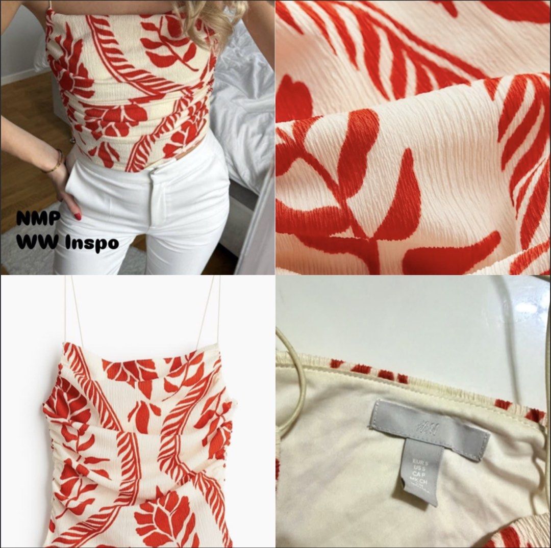 H&M Red and White Leaf Print Camisole Top (Category: Sleeveless) located in Davao. Submitted by ccfinds_ph (Listing ID 1469422569, Image 1). Description: ₊˚⊹♡ H&M DRAPED RUFFLE CAMISOLE TOP ♡⊹˚₊ ✨ Flattering draped neckline top in a gorgeous cream and red leaf print. Perfect for summer! 🌴✨ 🛍️ Brand: H&M 🎨 Color: Cream / Red Leaf Print 📐 Size: S ✨ Condition: Like new! Bought from Abreeza mall and only used 3x. ꒰ 🎟️ STORE RULES ꒱ 🙅🏻 Strictly