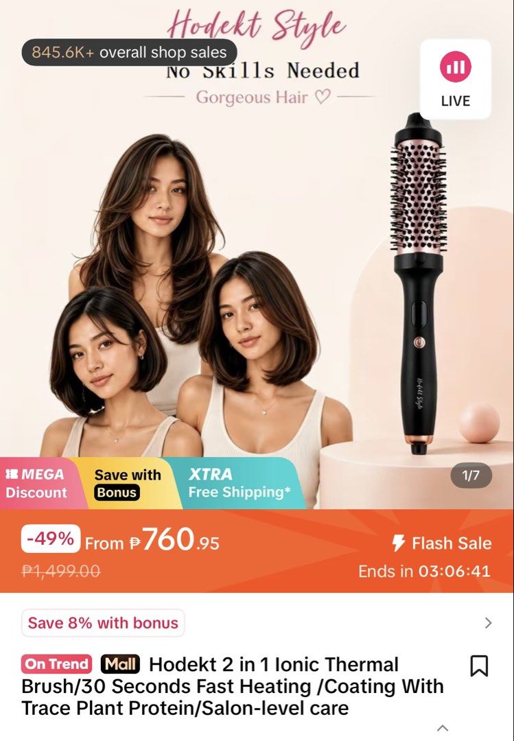 Hodekt 2 in 1 Ionic Thermal Brush (Category: Hair) located in Makati City. Submitted by from.ela (Listing ID 1469472084, Image 2). Description: - Brand: Hodekt 2-in-1 Ionic Thermal Brush - Color: Black & Rose Gold - Fast Heat-Up: Ready in just 30 seconds - Hair Care: Trace plant protein coating for salon-level smoothness - Versatile: Straighten hair or add soft volume easily with zero styling skills needed - Plug Type: Standard plug attached - Co