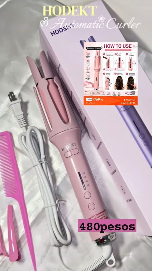 Hodekt Automatic Hair Curler Pink Styling Tool (Category: Hair) located in San Jose del Monte. Submitted by vakadela54883 (Listing ID 1469490029, Image 1). Description: - Brand: Hodekt - Color: Cute pink - Features: Automatic curling with directional buttons for easy styling - Included: Original box, pink comb, and two hair clips - Condition: Great working condition - Instructions conveniently printed on the box.