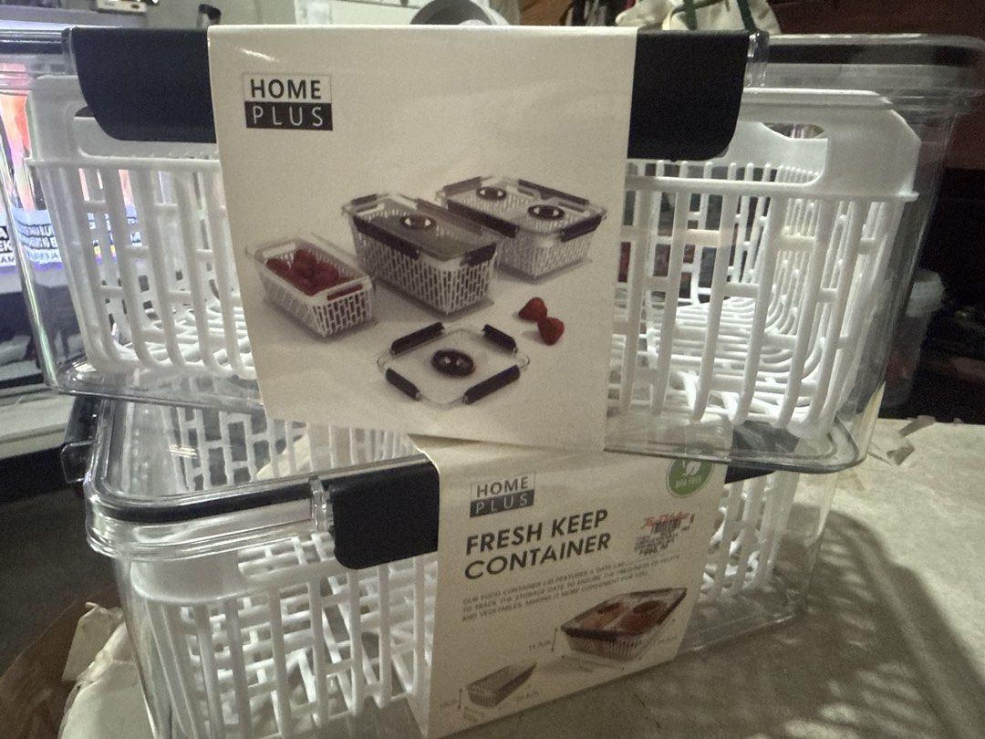 Home Plus Fresh Keep Container (Category: Food Organization & Storage) located in Manila. Submitted by babybulilit (Listing ID 1469402499, Image 3). Description: - Brand new Home Plus fresh keep container set for fruits and vegetables - Built-in date label on the lid to easily track storage time - Crystal clear, non-toxic, and 100% BPA-free material - Inner basket design promotes airflow and keeps produce fresh longer - Dimensions clearly listed 