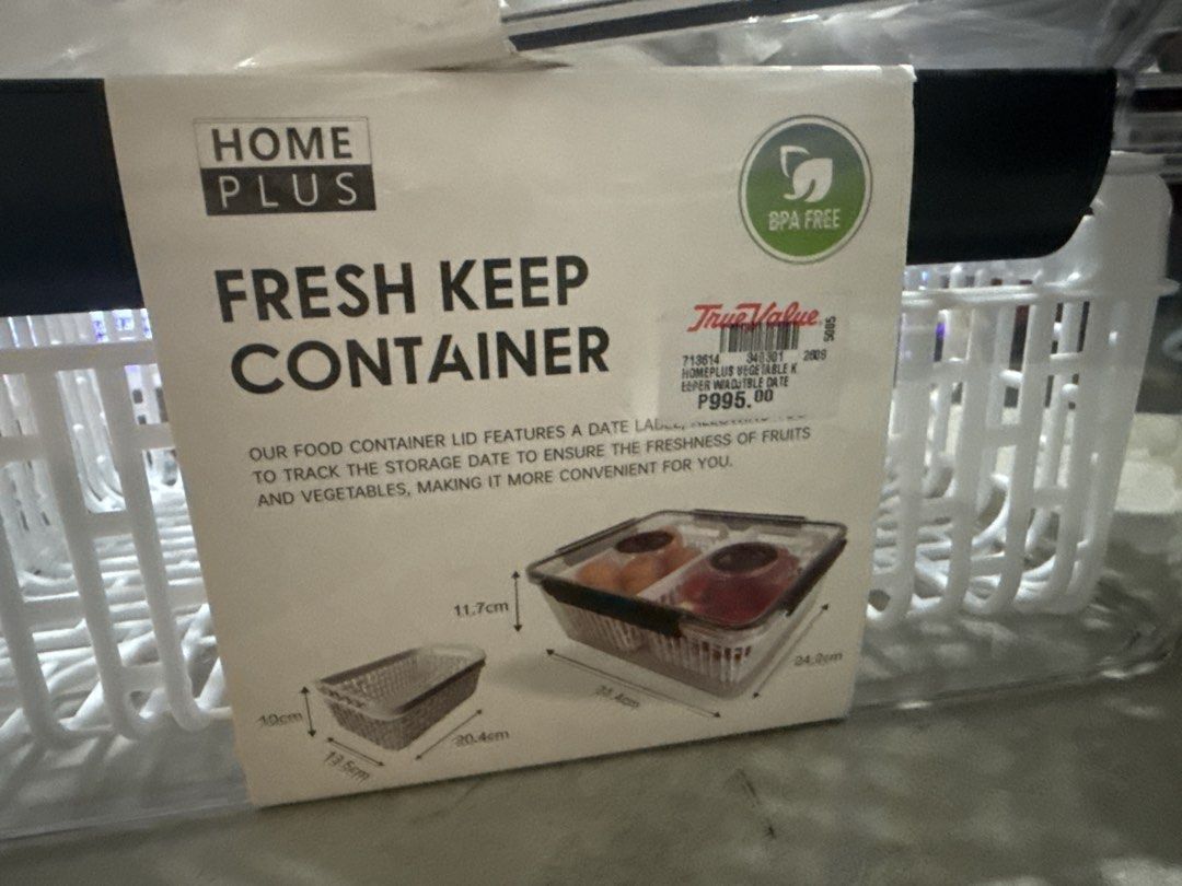Home Plus Fresh Keep Container (Category: Food Organization & Storage) located in Manila. Submitted by babybulilit (Listing ID 1469402499, Image 1). Description: - Brand new Home Plus fresh keep container set for fruits and vegetables - Built-in date label on the lid to easily track storage time - Crystal clear, non-toxic, and 100% BPA-free material - Inner basket design promotes airflow and keeps produce fresh longer - Dimensions clearly listed 