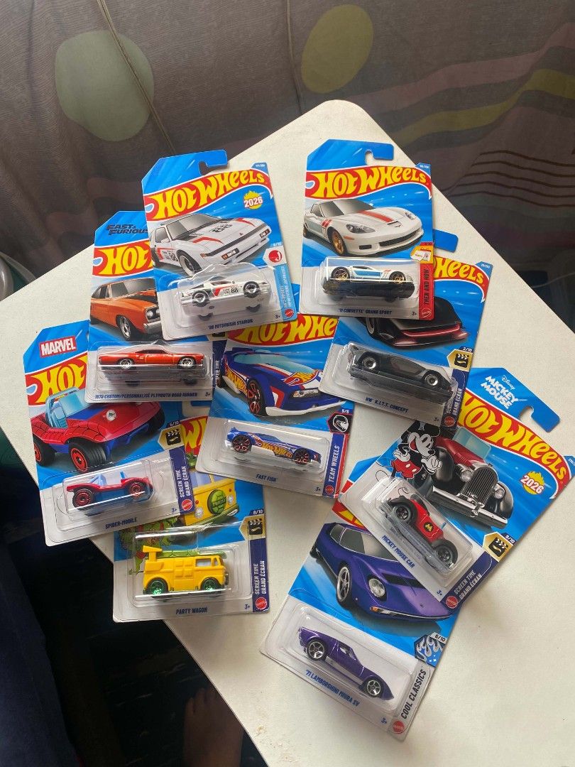 Hot Wheels Assorted Die-Cast Cars (Category: Vehicle & Diecast Models) located in Pasay City. Submitted by balagtasjosh (Listing ID 1469438238, Image 1). Description: - Brand new Hot Wheels die-cast cars in original sealed packaging - Available models: Spider-Mobile, Mickey Mouse Car, Mitsubishi Starion, and K.I.T.T. Concept - Perfect for both serious collectors and kids - Available for individual purchase or as a bundle.