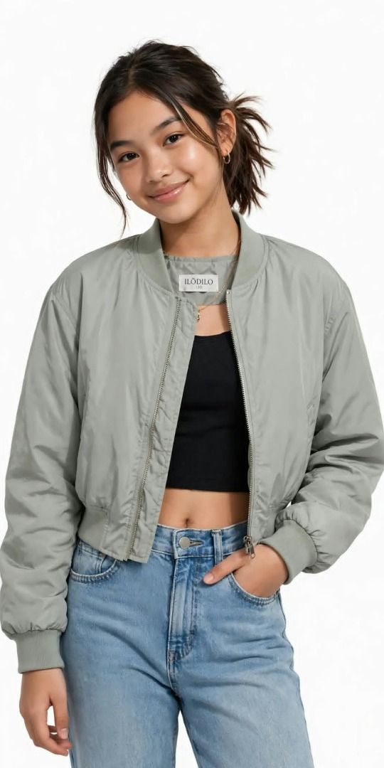 ILODILO Green Cropped Bomber Jacket (Category: Coats, Jackets and Outerwear) located in Polomolok. Submitted by nahumtrendyukayshop (Listing ID 1469457248, Image 1). Description: - Brand: ILODILO - Color: Sage green - Style: Cropped bomber jacket with puffed sleeves - Material: Lightweight nylon - Details: Full zip closure, ribbed collar, cuffs, and hem - Fit/Styling: Great with high-waisted jeans and a crop top for a casual look.