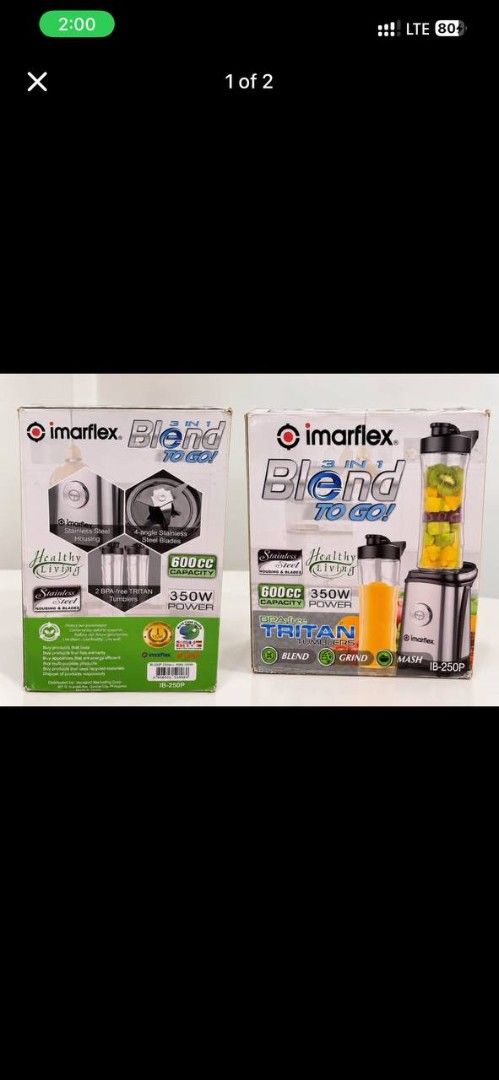 Imarflex Blend to GO Blender 3in1 IB-250P (Category: Juicers, Blenders & Grinders) located in Cagayan de Oro. Submitted by micaverzosa30 (Listing ID 1469557056, Image 1). Description: - Model: Imarflex IB-250P 3-in-1 Blend to Go Blender - Power: 350W motor with durable stainless steel housing and blades - Capacity: 600cc - Multi-Function: Blend, grind, and mash all in one machine - Inclusions: Comes with two BPA-free Tritan tumblers with lids - P