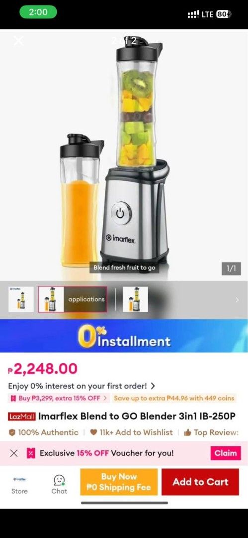 Imarflex Blend to GO Blender 3in1 IB-250P (Category: Juicers, Blenders & Grinders) located in Cagayan de Oro. Submitted by micaverzosa30 (Listing ID 1469557056, Image 2). Description: - Model: Imarflex IB-250P 3-in-1 Blend to Go Blender - Power: 350W motor with durable stainless steel housing and blades - Capacity: 600cc - Multi-Function: Blend, grind, and mash all in one machine - Inclusions: Comes with two BPA-free Tritan tumblers with lids - P