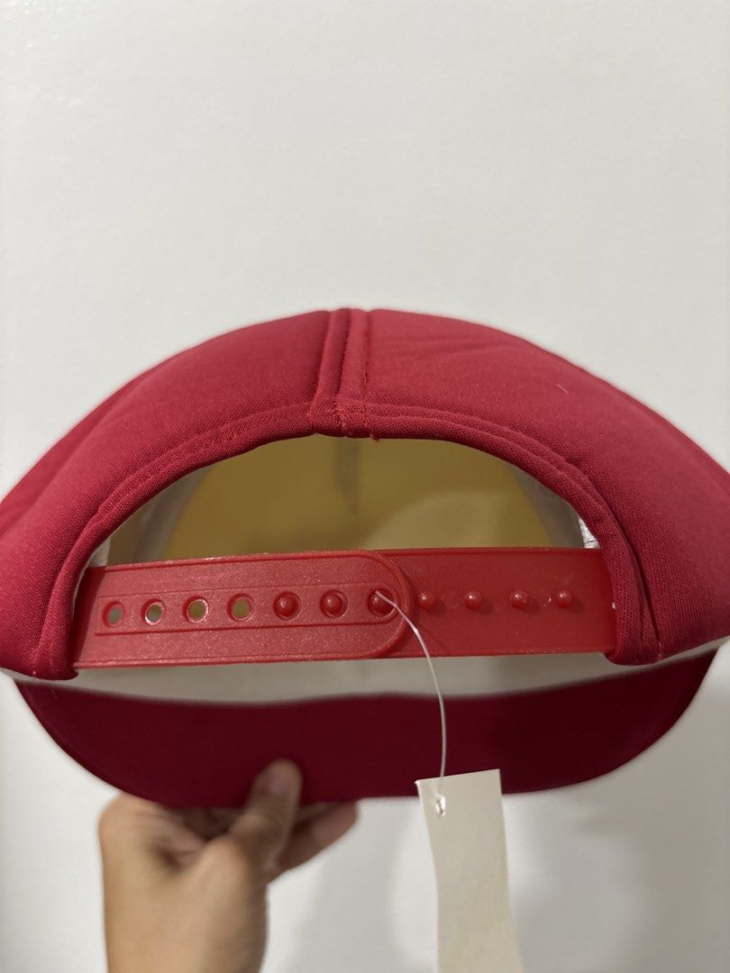 In-N-Out Burger Red White Snapback Trucker Hat (Category: Caps & Hats) located in Calbayog City. Submitted by zaxcheus_castillo1708 (Listing ID 1469509632, Image 3). Description: - Brand: In-N-Out Burger - Style: Snapback hat (red and white colorway) - Details: Raised rubberized logo on front, yellow inner mesh lining - Closure: Adjustable plastic strap at the back - Condition: Clean, brand new with tag still attached.