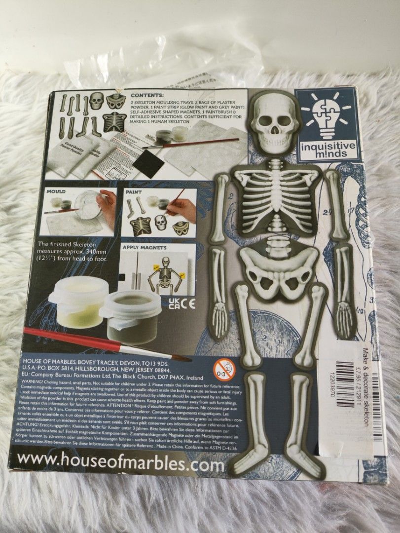 Inquisitive Minds Make and Decorate Human Skeleton Kit (Category: Educational & Learning Toys) located in Cavite. Submitted by tinetaclesss (Listing ID 1469497466, Image 3). Description: - Brand: House of Marbles - Item: Plaster Cast & Paint Skeleton Set - Features: Magnetic, poseable, and glows in the dark! - Size: Finished skeleton is approximately 340mm tall - Kit Includes: 2 moulding trays, 2 bags of plaster powder, glow and grey paints, self