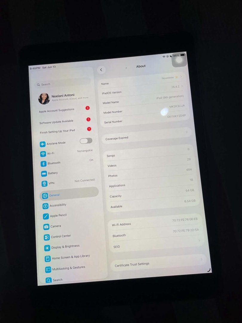 iPad 9th gen (Category: iPad) located in Tanjay. Submitted by kathleenpearl (Listing ID 1469396907, Image 1). Description: Ipad 9th gen 64gb Ios 26 Sligjtly used Used for netflix and editing Inclusions: charger,detachable keyboard and pen ❗️NEGOTIABLE 📍Negros Oriental shipped via JNT, shipping shouldered by buyer .