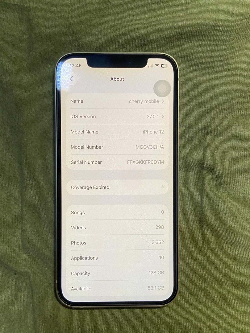 Iphone 12 (Category: iPhone 12 Series) located in Manila. Submitted by quickmountain-7679 (Listing ID 1469401654, Image 2). Description: Iphone 12 F.U 128Gb dual sim no issue 90% bh IOS 27 Both cam working Trutone working Face ID working Unli reset Wan to sawa check Inclusion: unit, charger cord, case Qc loc May bawas pa sa sure buyer .