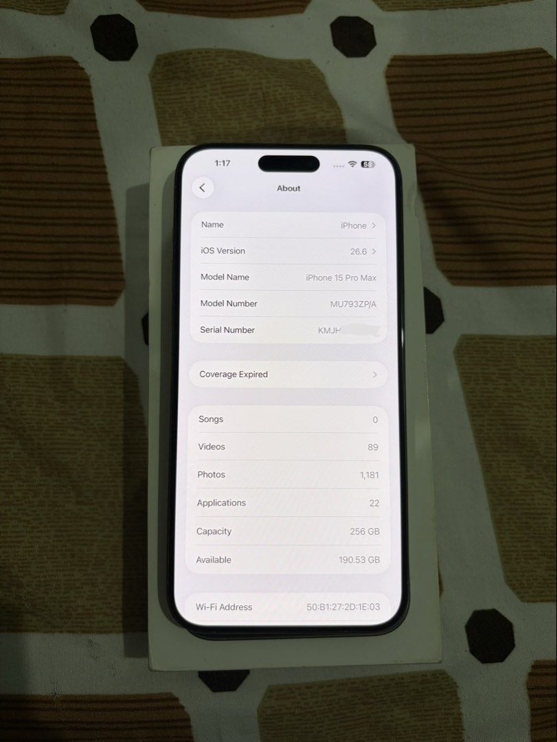 iPhone 15 pro max 87% batt with receipt complete package (Category: Other Mobile & Gadget Accessories) located in Manila. Submitted by floweroniz (Listing ID 1469564658, Image 3). Description: IPHONE 15 PRO MAX 256GB NATURAL TITANIUM ₱37,999 NALANG! PAUNAHAN NALANG PO! Brand new price is ₱91,990 as shown on the original box. Mura nalang po! UNIT DETAILS: • iPhone 15 Pro Max • 256GB Storage • Natural Titanium • ZP/A Variant • Battery Health: 87% •