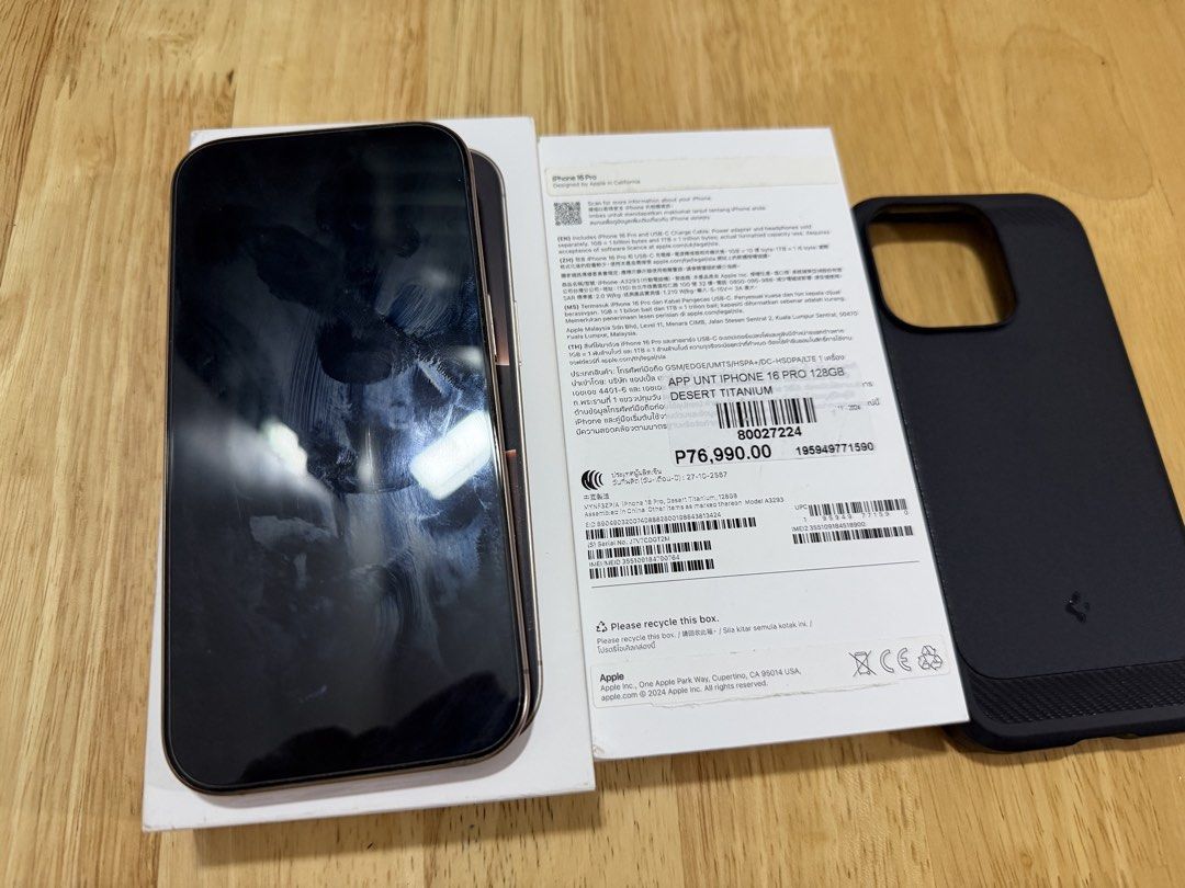 IPHONE 16pro 128 gb (Category: iPhone 16 Series) located in Iloilo. Submitted by maranthony24 (Listing ID 1469406331, Image 2). Description: Iphone 16 Pro 128 gb with box and used original type c cord with Spigen Black Case. Open line 86 Battery Health; No Issue. Sa Beyond the Box ginbakal. No swap/trade. Location: Iloilo City.