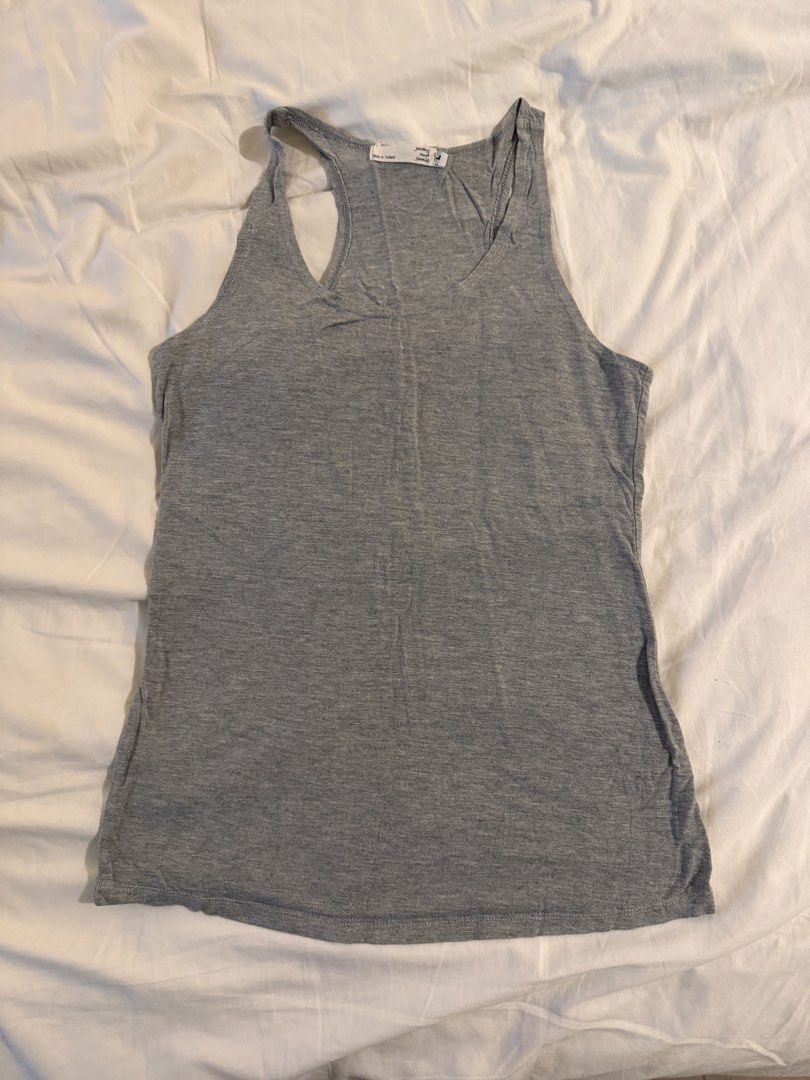 Jackey and Jamie Grey Racerback Tank Top (Category: Sleeveless) located in Quezon City. Submitted by ianne.declutter (Listing ID 1469437310, Image 1). Description: - Brand: Jackey and Jamie - Size: Large - Color: Grey - Material: Lightweight cotton-blend (soft and breathable) - Design: Racerback, scoop neckline, sleeveless - Origin: Made in Thailand - Condition: Basic wardrobe essential, great for layering or solo wear.