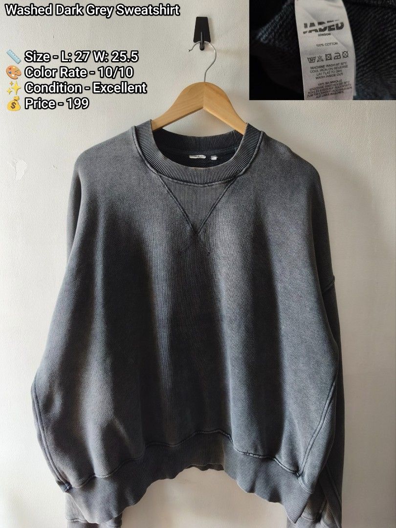 Jaded London Washed Dark Grey Sweatshirt (Category: Coats, Jackets and Outerwear) located in Manila. Submitted by gelog2 (Listing ID 1469418419, Image 1). Description: - Brand: Jaded London - Color: Washed dark grey with a heavy vintage look - Material: 100% heavy cotton fleece - Measurements: Length 27 inches, Width 25.5 inches - Design: Solid pullover with ribbed collar, cuffs, and hem - Care Instructions: Cool wash on reverse, lay flat to dry.