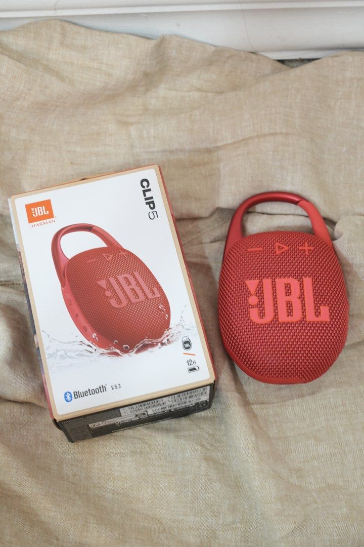 JBL Clip 5 Portable Bluetooth Speaker Red (Category: Soundbars, Speakers & Amplifiers) located in Manila. Submitted by shopforless93 (Listing ID 1469473357, Image 1). Description: JBL Clip 5 Portable Speaker Opened to test only In mint condition No issues Slightly negotiable Complete inclusions 1 x JBL Clip 5 1 x Type C USB cable 1 x Quick start guide 1 x Warranty Card/Safety sheet .