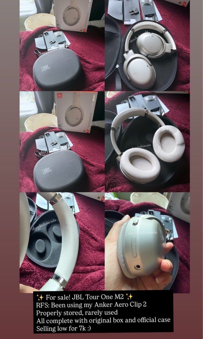JBL Tour One M2 RUSH (Category: Headphones & Headsets) located in Pasay City. Submitted by dvncldryl (Listing ID 1469465014, Image 1). Description: - Model: JBL Tour One M2 Wireless Headphones - Color: Champagne / Silver - Price: ₱6,500 - Condition: Rarely used, properly stored, and well-maintained - Reason for selling: Switched to Anker Aero Clip 2 - Inclusions: Complete with original retail box, official hard carrying case, and all accessories 