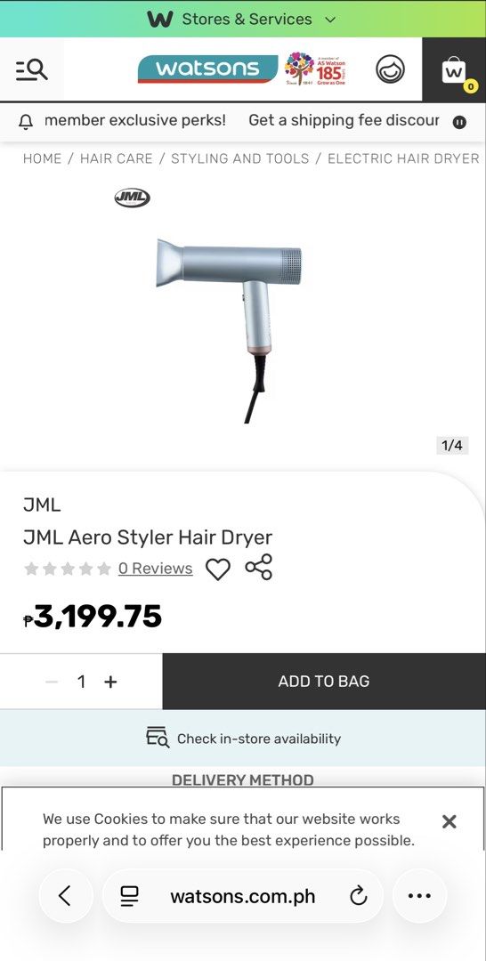 JML Aero Styler Hair Dryer (Category: Hair) located in Taguig. Submitted by littlejamillescloset (Listing ID 1469559526, Image 3). Description: - Brand: JML Aero Styler hair dryer - Condition: Like new with light scratches, used 2-5x, bought in 2024 - Inclusions: Detachable styling nozzle and power cord with velcro strap - Retail Price: Over 3,000 PHP in local stores - Perfect for daily blowouts and styling routines.