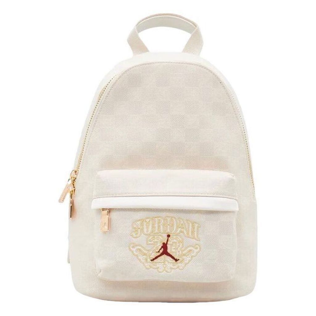 Jordan Mini Checkerboard Backpack Off-White (Category: Backpacks) located in Manila. Submitted by michateng246031 (Listing ID 1469465225, Image 1). Description: - Color: Off-white with all-over checkerboard texture - Hardware: Premium gold-toned zippers and accents - Branding: Embroidered gold Jordan logo with red Jumpman silhouette and number '23' on the front pocket - Storage: Roomy main compartment with clean fabric interior plus a convenient 