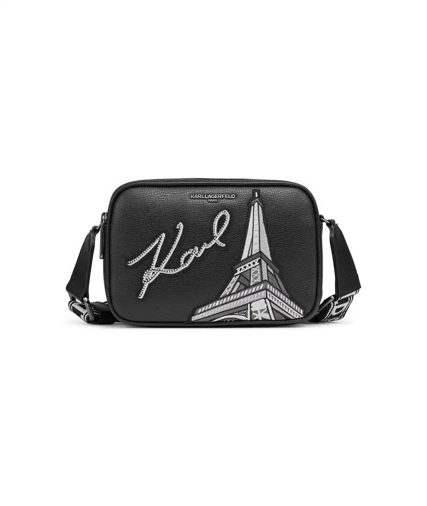 Karl Lagerfeld Paris Eiffel Tower Camera Crossbody Bag (Category: Cross-body Bags) located in Quezon City. Submitted by leilumiereclassique (Listing ID 1469412241, Image 1). Description: - Brand: Karl Lagerfeld Paris - Material: Premium black leather - Design: Iconic Eiffel Tower graphic with sparkly embroidered signature logo - Closure: Double zip top with branded pulls - Pockets: Exterior back slip pocket and interior fabric-lined slip pockets 