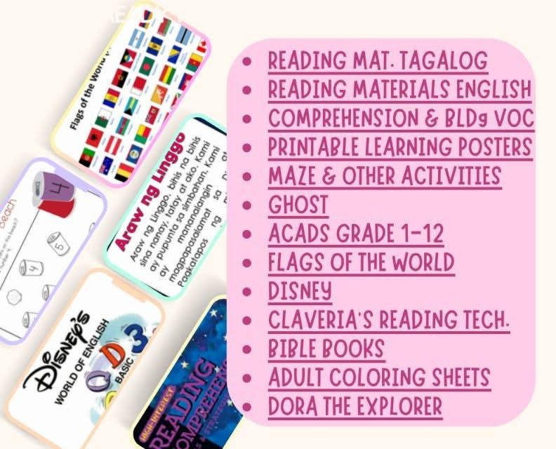 Kids Busy Books & Learning Materials Bundle (Category: Children's Books) located in Manila. Submitted by silentgem_9c119e (Listing ID 1469513833, Image 3). Description: - Massive collection of printable learning materials and busy books for kids - Popular themes: Ms Rachel, Barbie, Peppa Pig, CoComelon, alphabet, numbers, tracing, math, reading mats, flags, and Bible books - Ideal for toddlers, early learners, and homeschooling parents - Keep kid