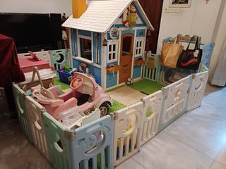 Milk Coffee Kids Playhouse with Car Door, Block Table, Storage & Lights ...
