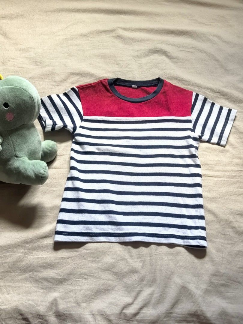 Kid's Shirts, take all (Category: Babies & Kids Fashion) located in Tacloban City. Submitted by thead.declutters (Listing ID 1469487180, Image 1). Description: - Bundle of 3 casual short sleeve t-shirts for kids - Shirt 1: Red top block with black and white horizontal stripes - Shirt 2: Dark green tee with cool outline dinosaur graphics on the chest - Shirt 3: Solid bright yellow V-neck tee with a Size 32 tag at the collar - Great fit for everyda
