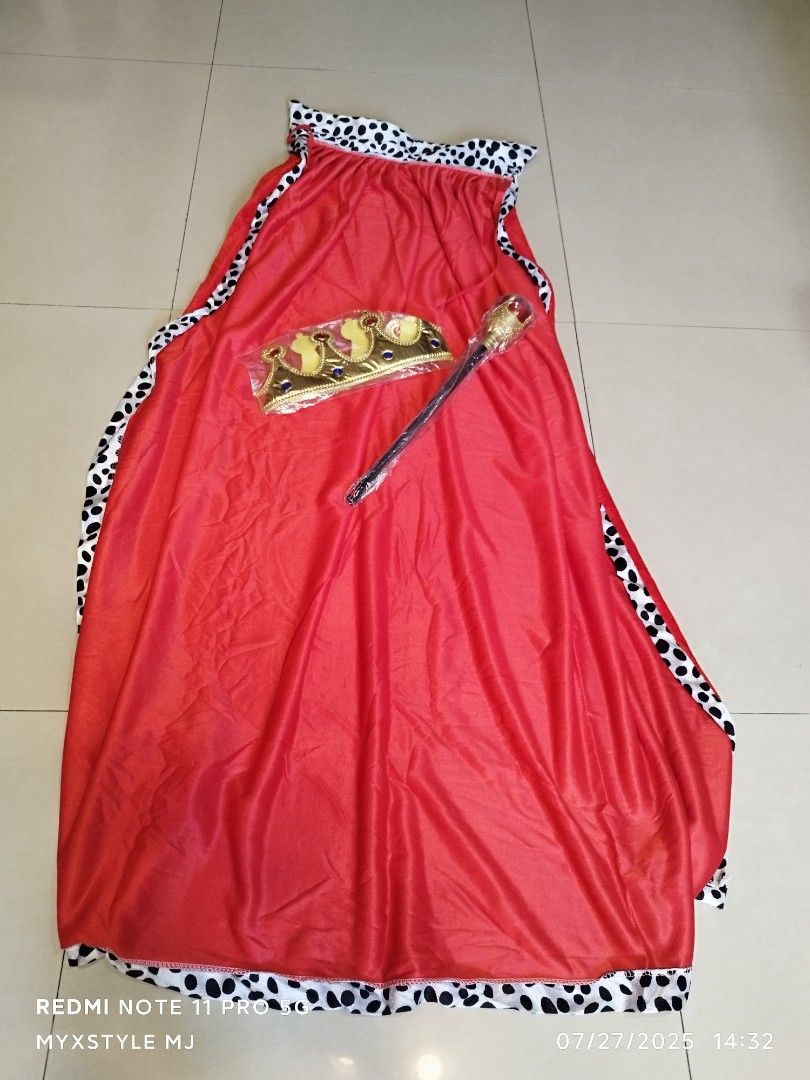 King Queen Costume Cape Crown Scepter Set (Category: Occasions & Party Supplies) located in Manila. Submitted by myxstyle27 (Listing ID 1469509364, Image 2). Description: - Complete 3-piece royal costume set - Includes red velvet cape with Dalmatian print collar and trim - Gold crown with faux jewels included (brand new, still sealed in plastic) - Matching scepter with red top - Ideal for Book Week, Halloween, and cosplay events - Ships fast from