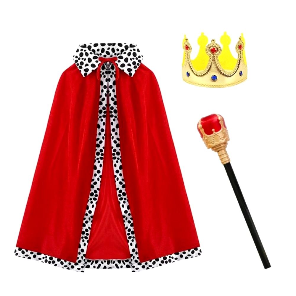 King Queen Costume Cape Crown Scepter Set (Category: Occasions & Party Supplies) located in Manila. Submitted by myxstyle27 (Listing ID 1469509364, Image 1). Description: - Complete 3-piece royal costume set - Includes red velvet cape with Dalmatian print collar and trim - Gold crown with faux jewels included (brand new, still sealed in plastic) - Matching scepter with red top - Ideal for Book Week, Halloween, and cosplay events - Ships fast from