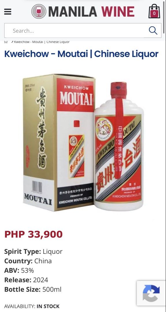 Kweichow Moutai (Category: Beverages) located in Paranaque City. Submitted by jjluxebags (Listing ID 1469451640, Image 2). Description: Kweichow Moutai for Sale Selling 2 bottles of authentic Kweichow Moutai, purchased in China this year. * Authentic Kweichow Moutai * Volume: 500ml | Alcohol: 53% ABV * Brand new and unopened * Includes 2 traditional tasting glasses and booklet inside * Premium Chinese baijiu, perfect for gifting or adding to your