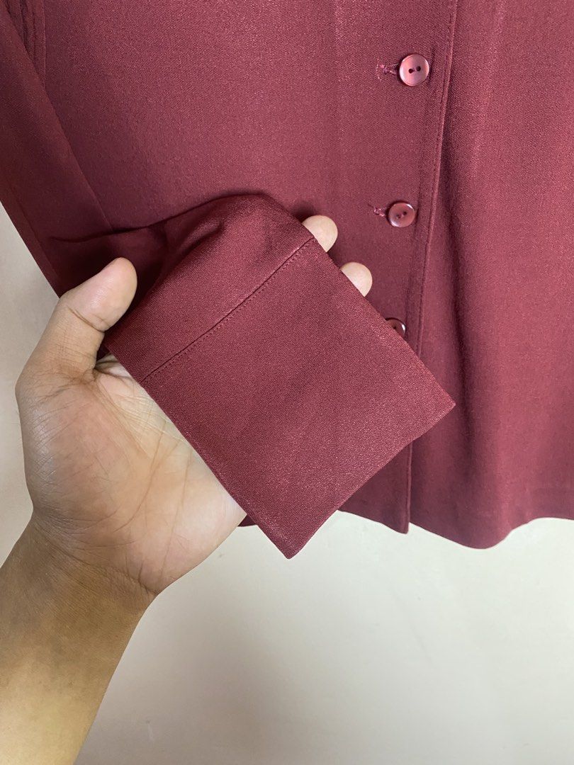 La Mode Balenciaga maroon long-sleeve blouse (Category: Luxury Apparel) located in Naga. Submitted by dailyshipped (Listing ID 1469558293, Image 3). Description: vintage La Mode Balenciaga maroon long-sleeve blouse. “La Mode Balenciaga” was a licensed ready-to-wear diffusion line produced primarily for the Japanese market during the late 20th century. This specific blouse features a slim-fitting silhouette, a sharp classic point collar, color-mat