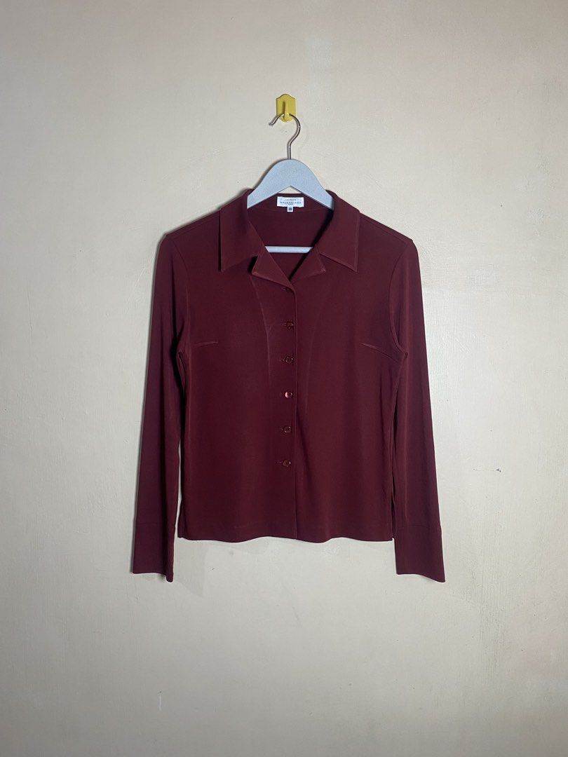 La Mode Balenciaga maroon long-sleeve blouse (Category: Luxury Apparel) located in Naga. Submitted by trashfinds (Listing ID 1469558365, Image 1). Description: vintage La Mode Balenciaga maroon long-sleeve blouse. “La Mode Balenciaga” was a licensed ready-to-wear diffusion line produced primarily for the Japanese market during the late 20th century. This specific blouse features a slim-fitting silhouette, a sharp classic point collar, color-match