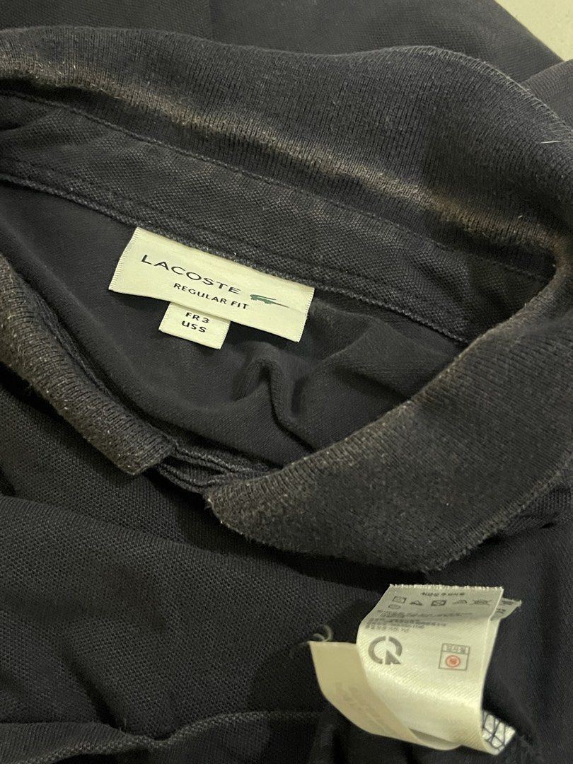 Lacoste (Category: Formal Shirts) located in San Jacinto. Submitted by clothcartelph (Listing ID 1469415473, Image 3). Description: Navy blue Size: 3 Dimes: 20/26 Width: 20 Length: 26 Issue: minor fading on neck Color rate: 9/10.