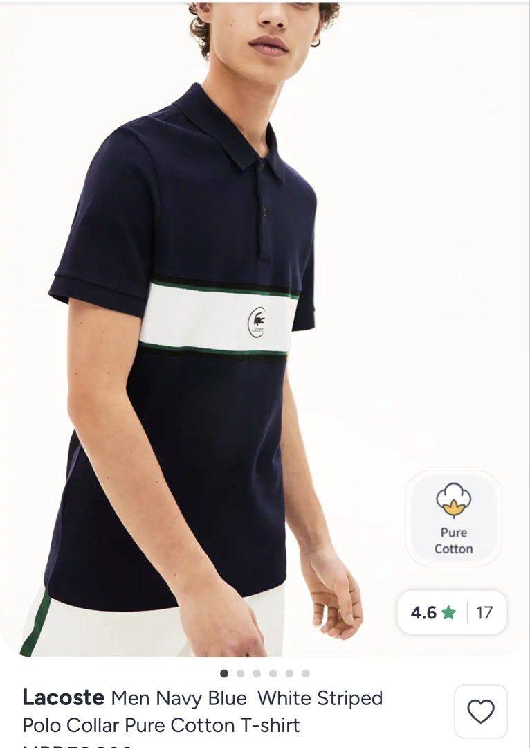 Lacoste Polo Shirts (Category: Tshirts & Polo Shirts ) located in Maribojoc. Submitted by nayer (Listing ID 1469466414, Image 2). Description: L4c0ste Men Navy Blue White Striped Polo Collar Pure Cotton T-shirt Embroidered logo Like new 10/10 color rate Medium/F4 on tag AD: W20.5 * L29.5.
