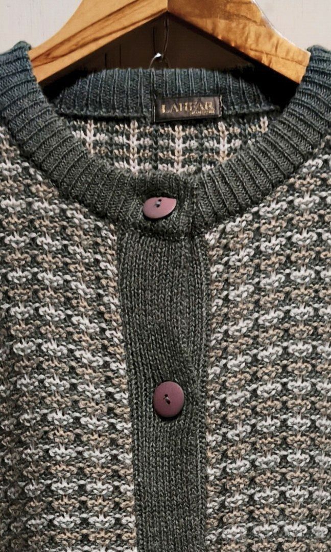 LAHFAR Knit Button-Up Cardigan Sweater (Category: Coats, Jackets and Outerwear) located in Makati City. Submitted by thriftersmakati (Listing ID 1469518947, Image 2). Description: - Brand: LAHFAR - Style: Crew neck cardigan sweater with front button closure - Color/Pattern: Green multi-color textured knit - Features: Dual front pockets, ribbed cuffs, hem, and button placket trim - Condition: Excellent pre-loved condition - Perfect for layering an