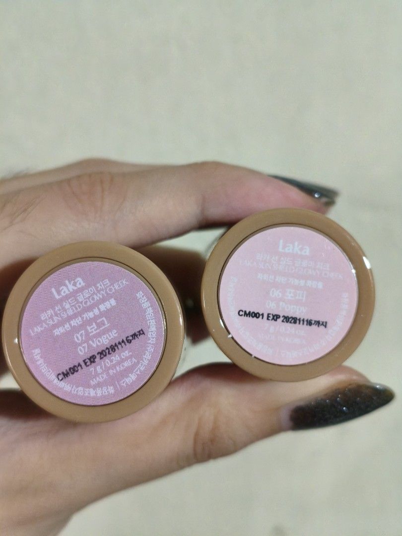 Laka Glowy Cheek Blush (Category: Makeup) located in Mandaluyong City. Submitted by aeurea (Listing ID 1469561210, Image 2). Description: - Product: Laka Sun Shield Glowy Cheek sticks - Shades: 06 Poppy and 07 Vogue 200 each❗ Get both for 300❗ Swatched only. RFS: Decluttering.