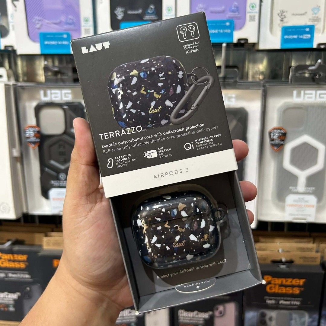 LAUT AirPods 3 Cases (Category: Cases & Sleeves) located in Las Pinas. Submitted by raebelran (Listing ID 1469455487, Image 1). Description: - Designed exclusively for Apple AirPods 3 - Durable polycarbonate material for daily scratch protection - Wireless charging compatible (works with standard Qi chargers) - Includes a convenient carabiner clip for bags and keys - Stylish dark speckled design with multi-colored fragments - Brand new in origina