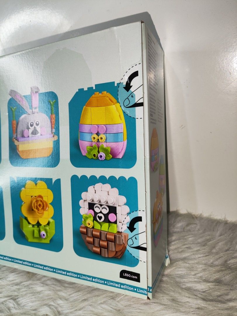 LEGO 40890 Easter Decorations 312 Pieces Limited Edition (Category: Lego & Building Sets) located in Cavite. Submitted by tinetaclesss (Listing ID 1469548515, Image 2). Description: - LEGO Easter Decorations (Model 40890) - 312 pieces to build multiple spring items (sheep in a basket, Easter chick, decorated eggs, bunny with carrots, and yellow flower) - Limited edition holiday box - Great seasonal activity and display piece - Note: Box has minor