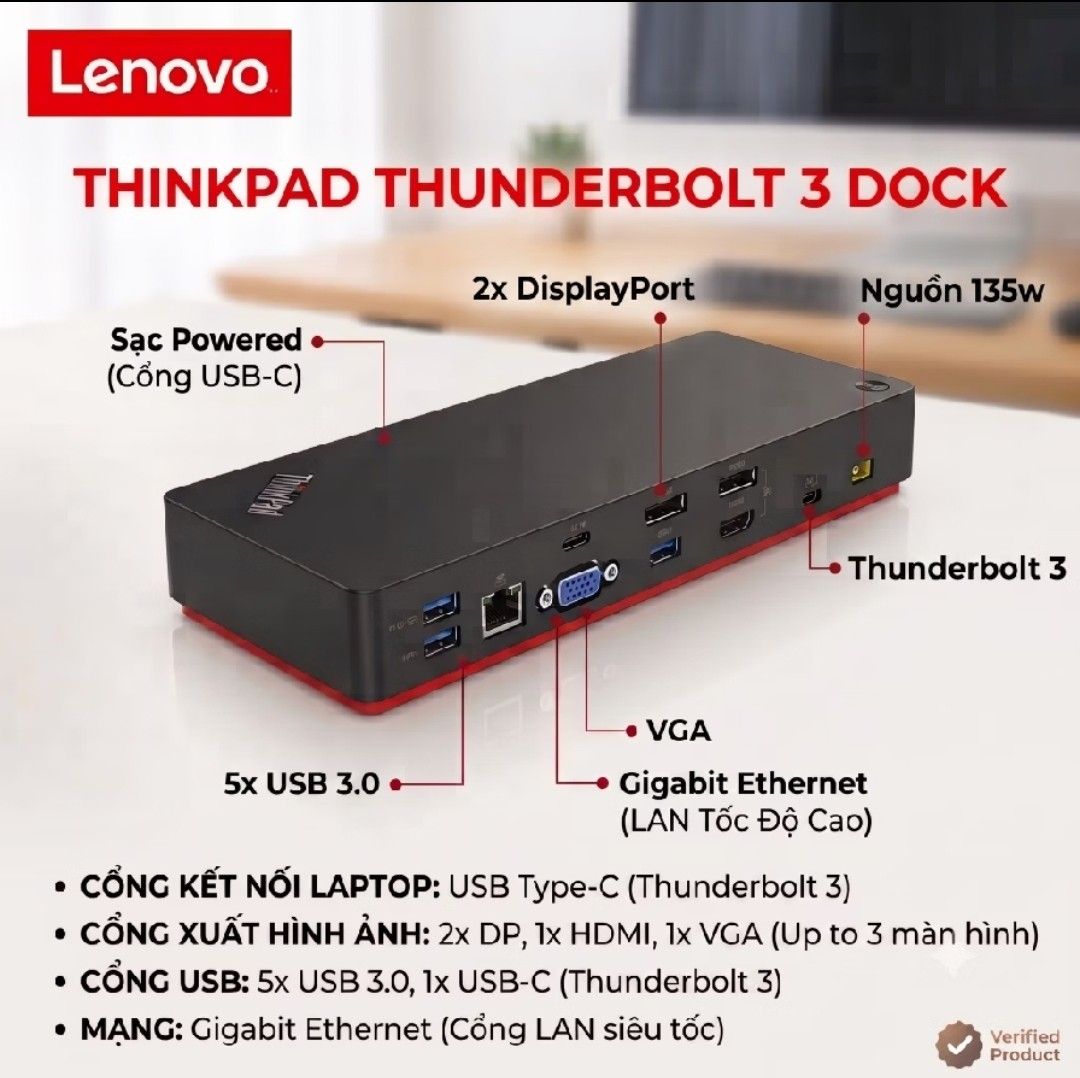 Lenovo ThinkPad Thunderbolt 3 Docking Station with Power Supply (Category: Laptops & Notebooks) located in Caloocan City. Submitted by s3xmachine (Listing ID 1469424774, Image 2). Description: - Lenovo ThinkPad Thunderbolt 3 Dock - Includes original 135W power adapter and power cord - Ports: USB 3.0, DisplayPort, HDMI, VGA, Gigabit Ethernet, and USB-C - Fully functional workspace expander - Minor scuffs on the top surface from normal use -slightl