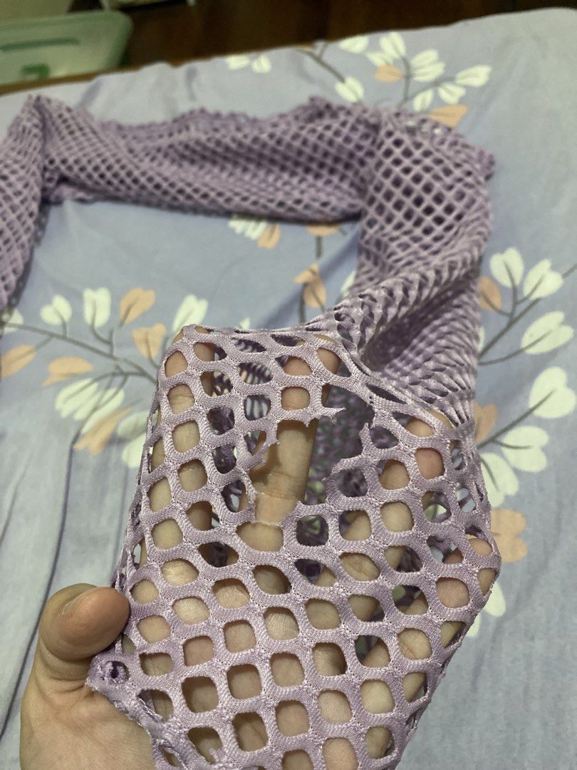 Light purple fishnet mesh long sleeve crop top (Category: Longsleeves) located in Pasig City. Submitted by alaineeeee (Listing ID 1469514833, Image 3). Description: - Color: Lilac purple - Style: Open-front fishnet mesh shrug with long sleeves and flared cuffs - Fit: Super stretchy knit fabric - Condition: Worn once, still in great shape - Best for: Gigs, parties, casual street fits, and easy layering over camis or tanks.