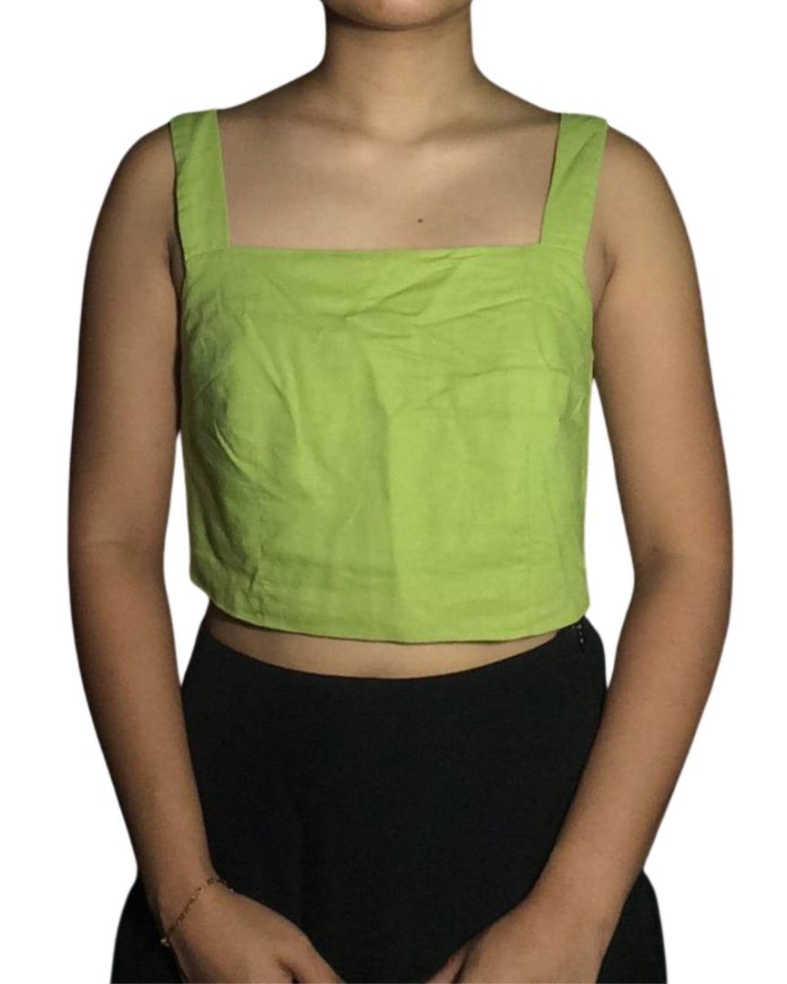 Lime Green Square Neck Linen Crop Top (Category: Sleeveless) located in Manila. Submitted by shop.airens (Listing ID 1469468085, Image 1). Description: fits xs-small with side zipper.