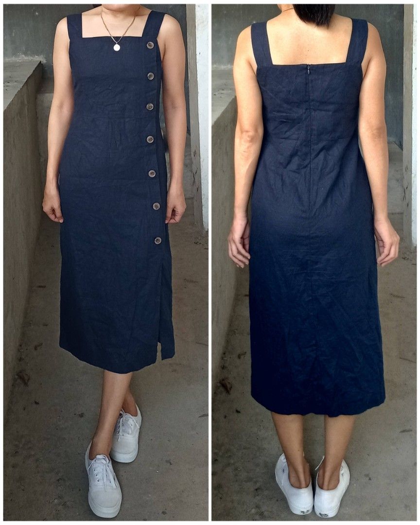 Linen deep navy blue slip dress (Category: Dresses) located in Davao. Submitted by kannikasok1987 (Listing ID 1469569197, Image 1). Description: Bust 36 Waist 27-28 Hips 35 L 43 good as new.
