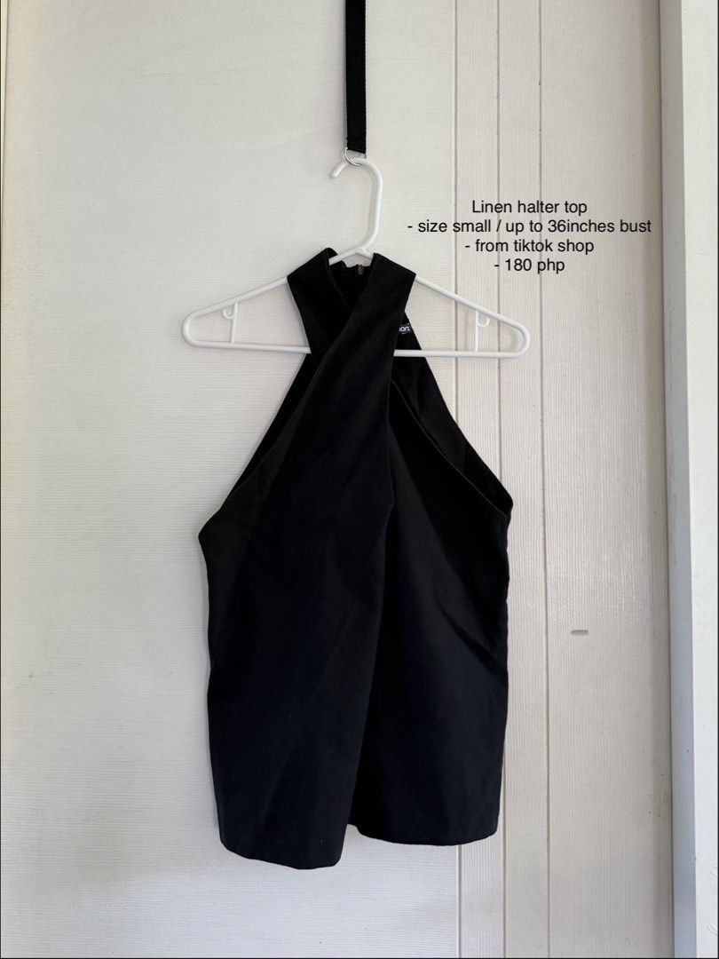 Linen Halter Top Black (Category: Sleeveless) located in Manila. Submitted by cinnmoroll (Listing ID 1469402366, Image 1). Description: - Brand: Wear Uncommon (AVA Halter Top) - Color: Black - Size: Small to semi m (fits up to 36" bust) - Material: Linen - Design: Crossover front with high neckline - Condition: Brand new / Never worn out - Original Price: ₱499 (Bought from TikTok Shop) - Selling Price: ₱180 only.