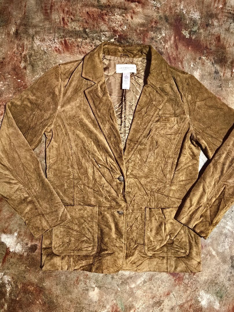 Liz Claborne Brown Suede Blazer Jacket (Category: Coats, Jackets and Outerwear) located in Tarlac. Submitted by jeremiah.curator.2026 (Listing ID 1469397215, Image 2). Description: - Brand: Liz Claborne - Material: Brown suede - Color: Warm camel brown - Closure: Two front buttons - Pockets: Lower patch pockets - Details: Classic collar, textured inner lining, long sleeves - Fit: Regular fit.