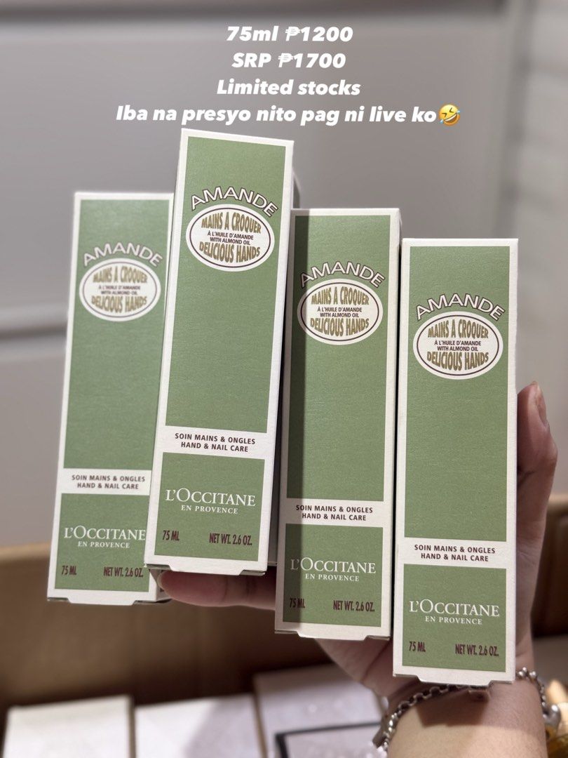 L'Occitane Amande Delicious Hands 75ml Hand Cream (Category: Hands & Nails) located in Quezon City. Submitted by catesp (Listing ID 1469567962, Image 1). Description: - Brand: L'Occitane Amande Delicious Hands - Product: Hand and nail care cream - Size: 75ml tube (Net Weight 2.6 oz) - Key Ingredient: Nourishing almond oil - Availability: Limited stock left.